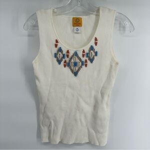 Ruby Rd Petite M Seashell Beaded Neckline White Ribbed Tank Top Resort Coastal